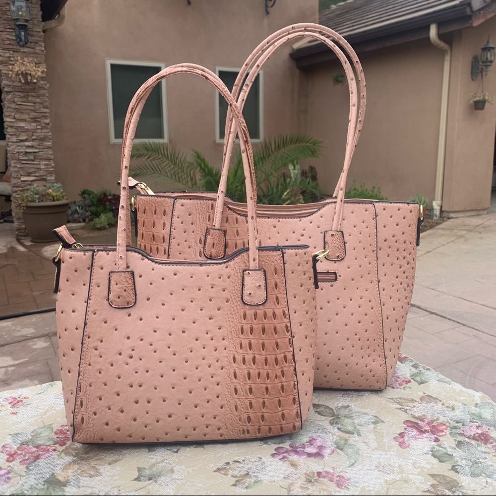 Vegan Ostrich Tote Bag In A Bag Pale Pink